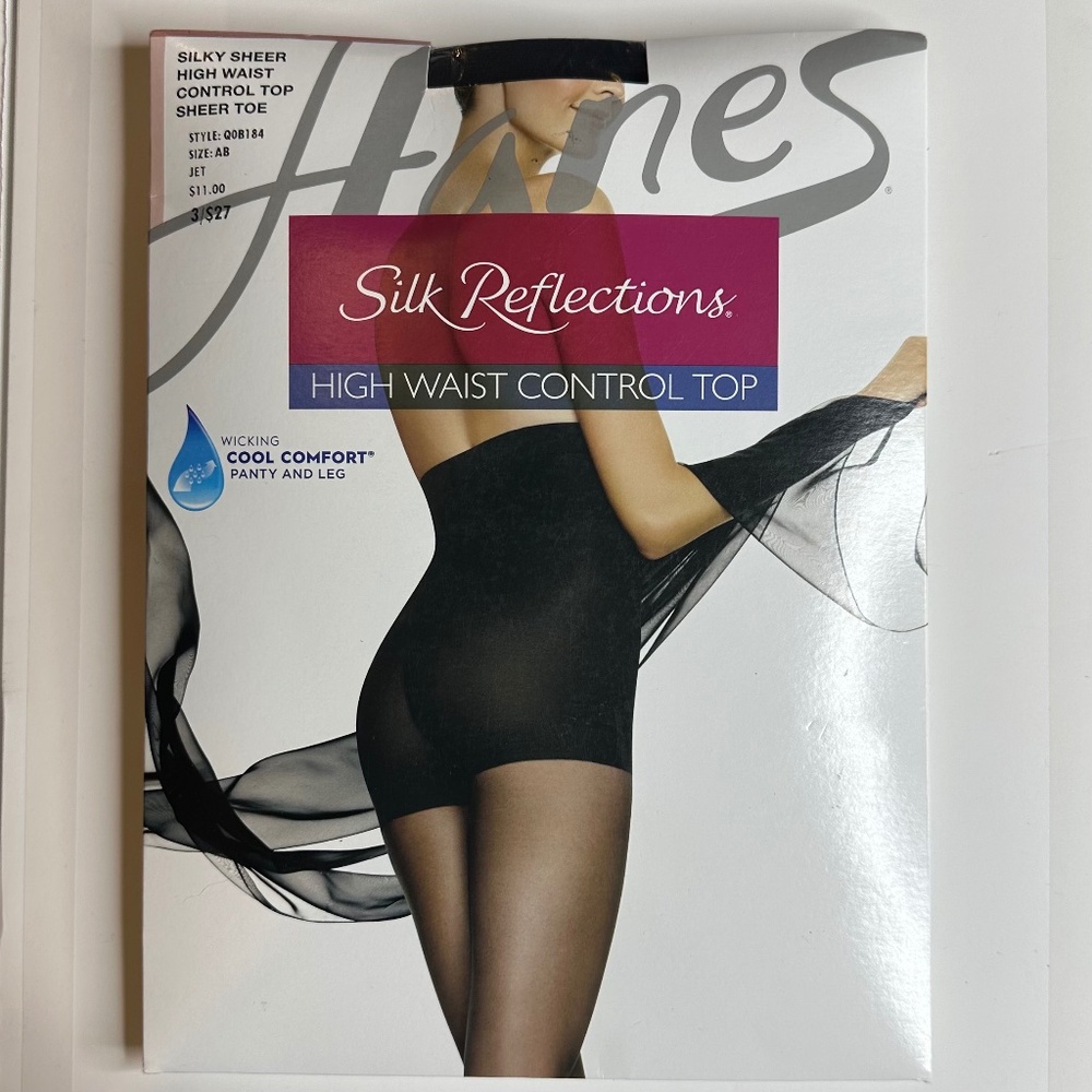 HANES SILK REFLECTIONS HIGH WAIST CONTROL Top Silky Sheer Jet BLACK  sz AB